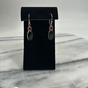 Sterling silver obsidian and amber drop earrings